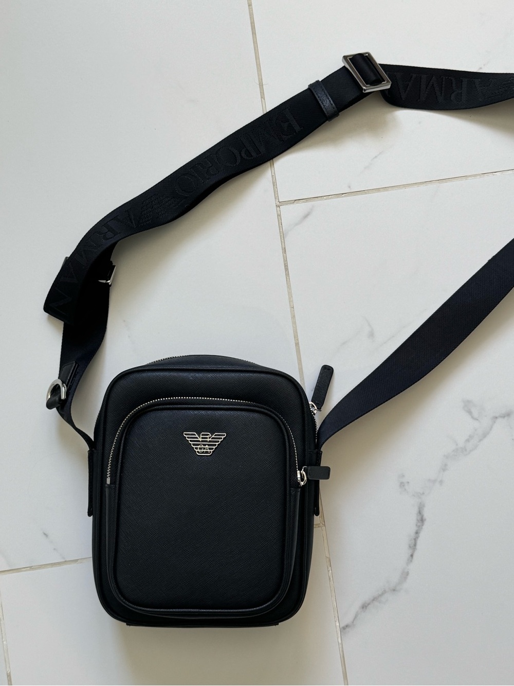 Emporio Armani Black Leather Belt Bag with Silver Logo